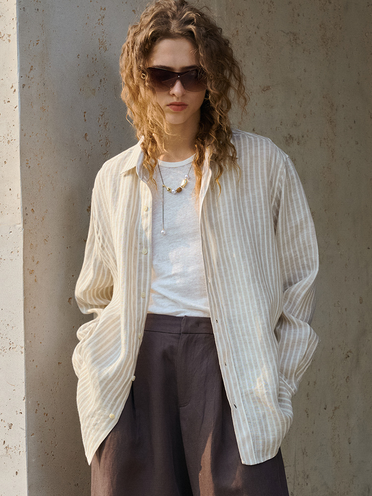 Pure Linen Striped Shirt for Women, Spring and Summer, High-Thread-Count, Sun-Protective Cardigan, Loose Fit, Unisex, Old Money Style, Relaxed Feel, Linen Shirt
