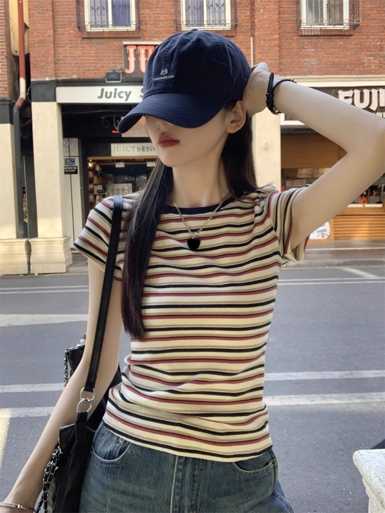 2025 Summer New Vintage Contrast Color Striped Short-sleeved Niche Design T-shirt Women's Slim-fit Slimming All-match Top