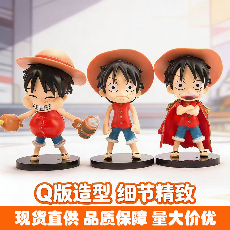 One Piece 3 Styles of Straw Hat Foodie Luffy Figure Q-Version Anime Peripheral Cake Baking Decoration Model Ornament