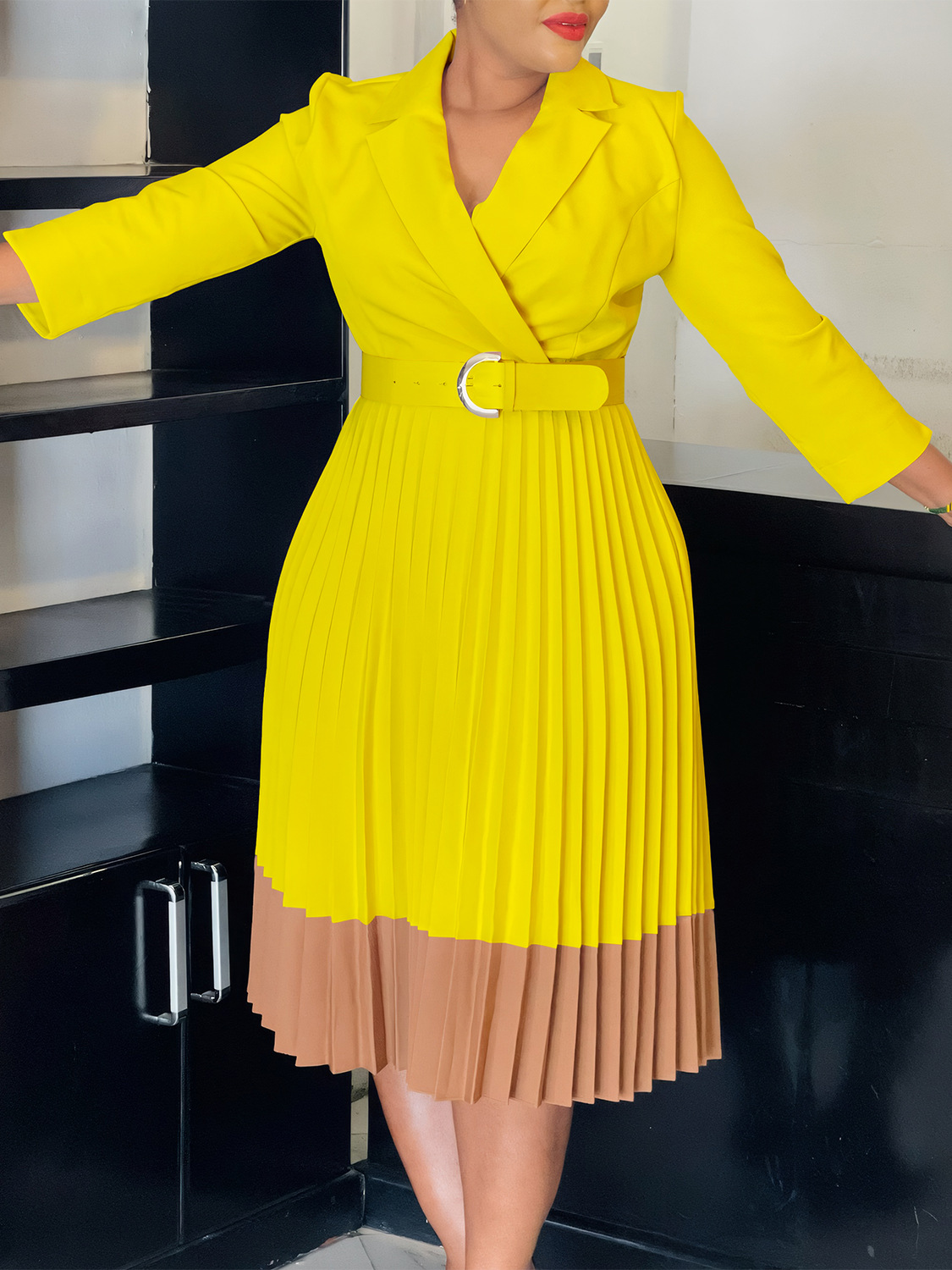 D3318 Amazon cross-border women's spring suit collar fashion color matching OL elegant pleated high waist African dress