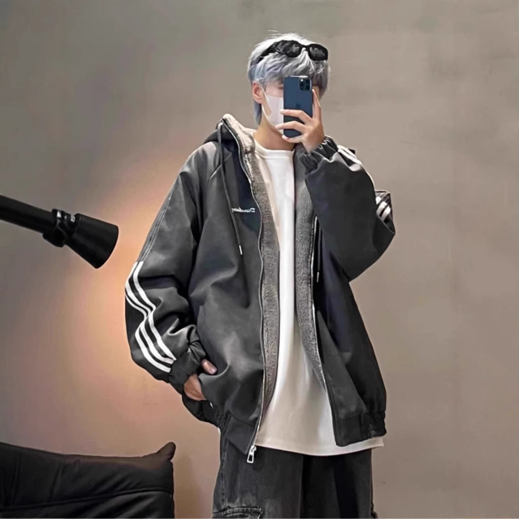 American-style three-bar hooded cotton-padded jacket men's winter fur one lambswool coat couple's vintage cotton-padded jacket to keep warm