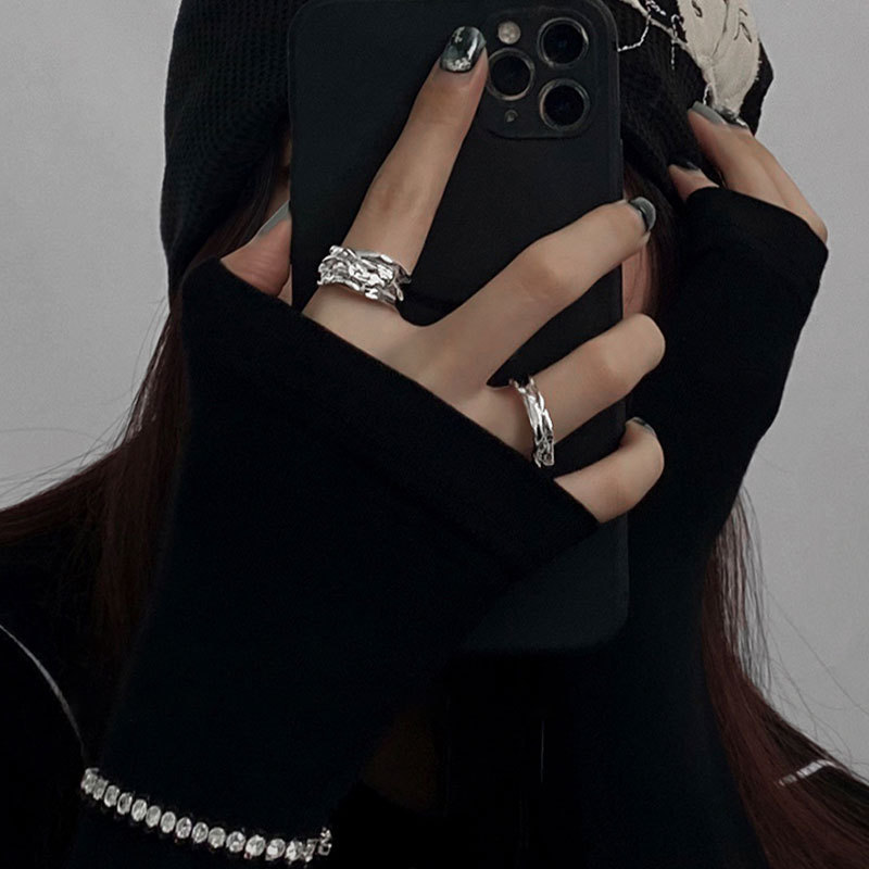 European and American Versatile Sweet-Cool Geometric Pleated Rings for Women, Retro Fashion Personality Hip-Hop Open Rings, Ins-Style Index Finger Rings