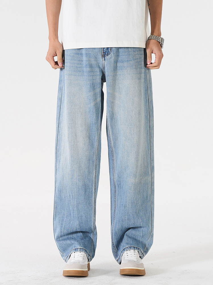 Laikai American-Style Trendy Brand Washed Denim Jeans for Men, New Spring High-Street Loose Fit Versatile Drape Straight-Leg Casual Pants