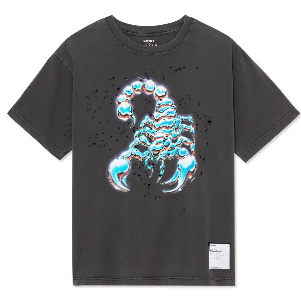High street niche American tide brand SATISFY scorpion print hole old small label round neck loose short sleeve T-shirt