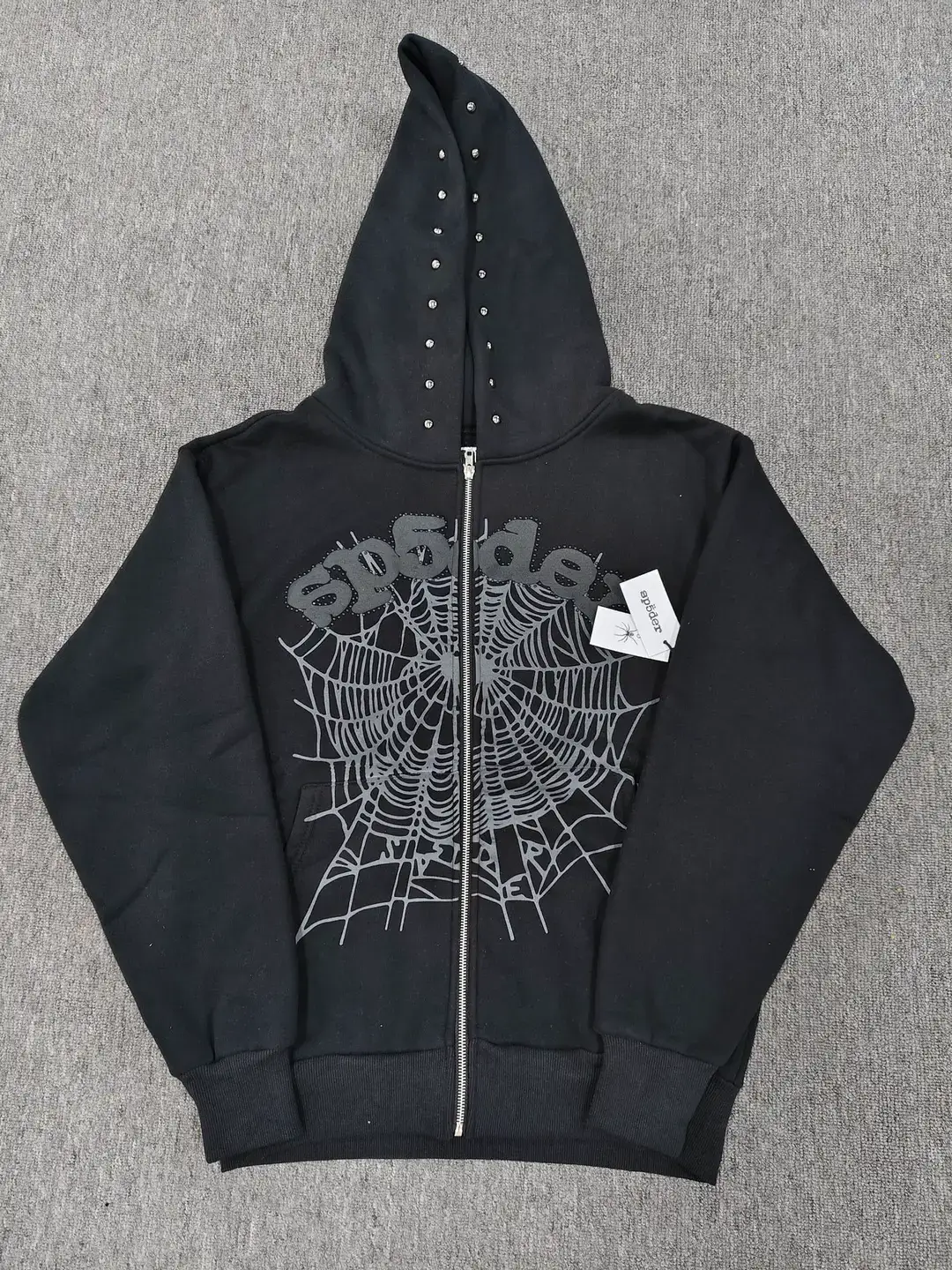 Cross-border Hot Sale Sweater Sp5der555555 Black Rivet Spider Web Sweater Zipper Hoodie in stock Direct Supply