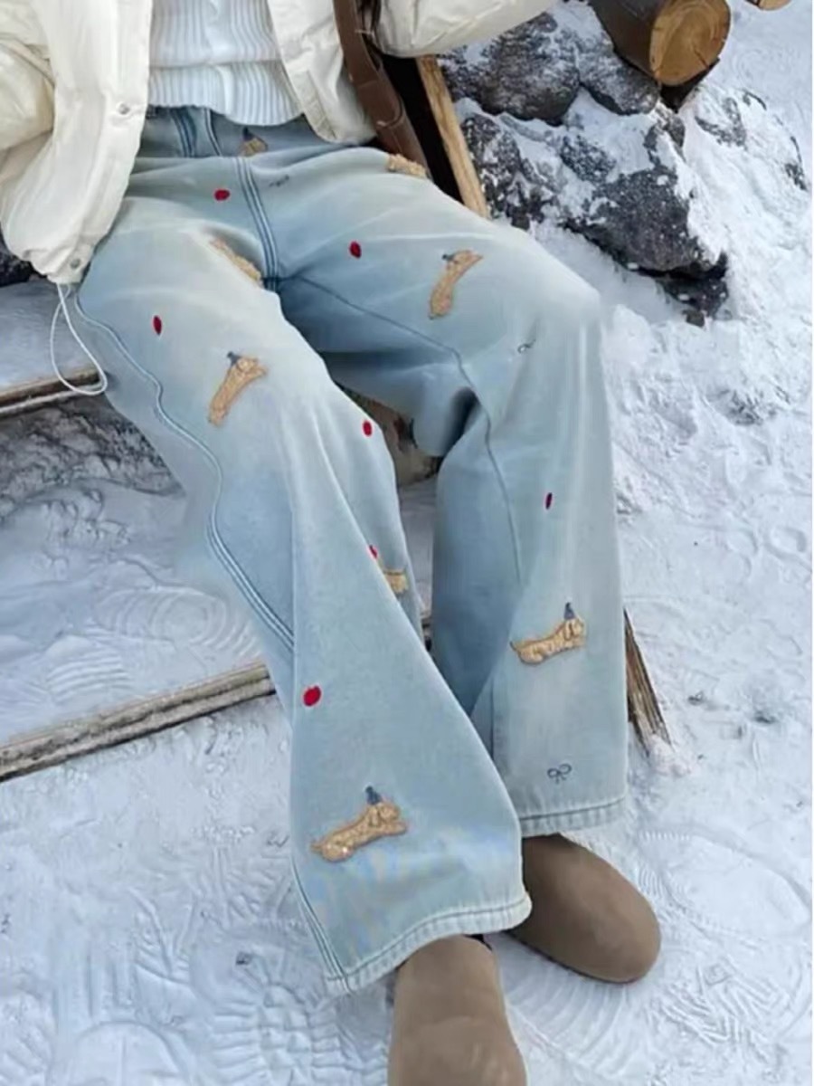 Cartoon Dachshund Embroidered fleece-lined Wide Leg Jeans Women's Winter Warm High Waist Slimming Straight Pants