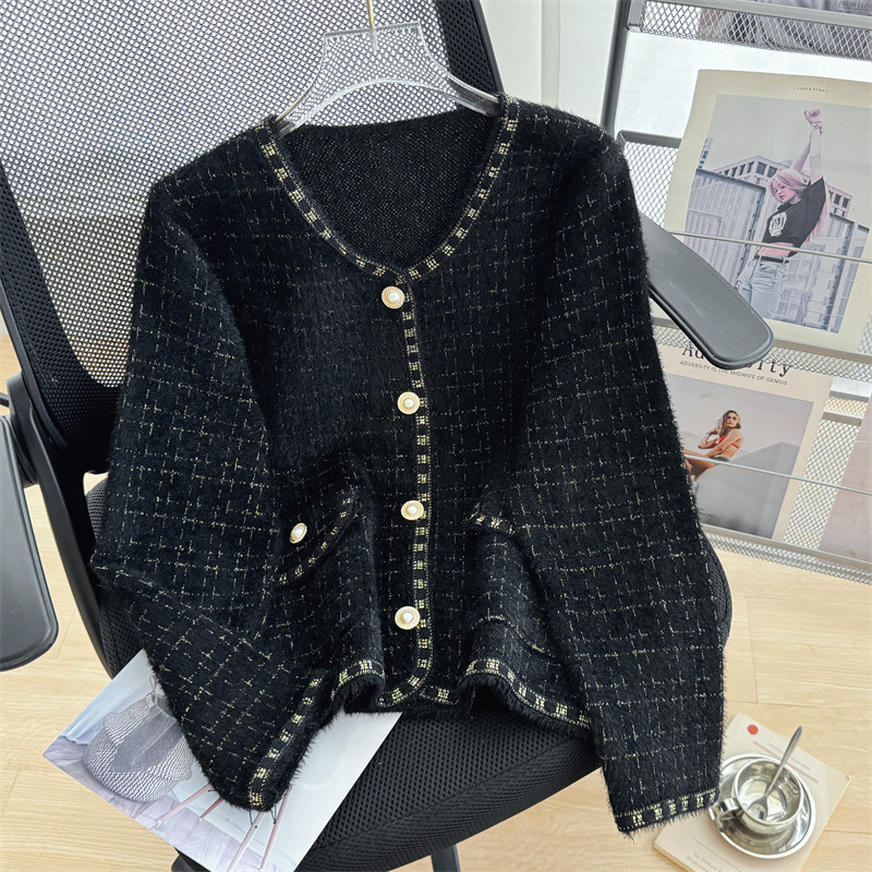 Kaning Faux Mink Round Neck Pocket Knit Cardigan for Women 2026 Autumn New Fashion Chanel-Style Sweater Coat