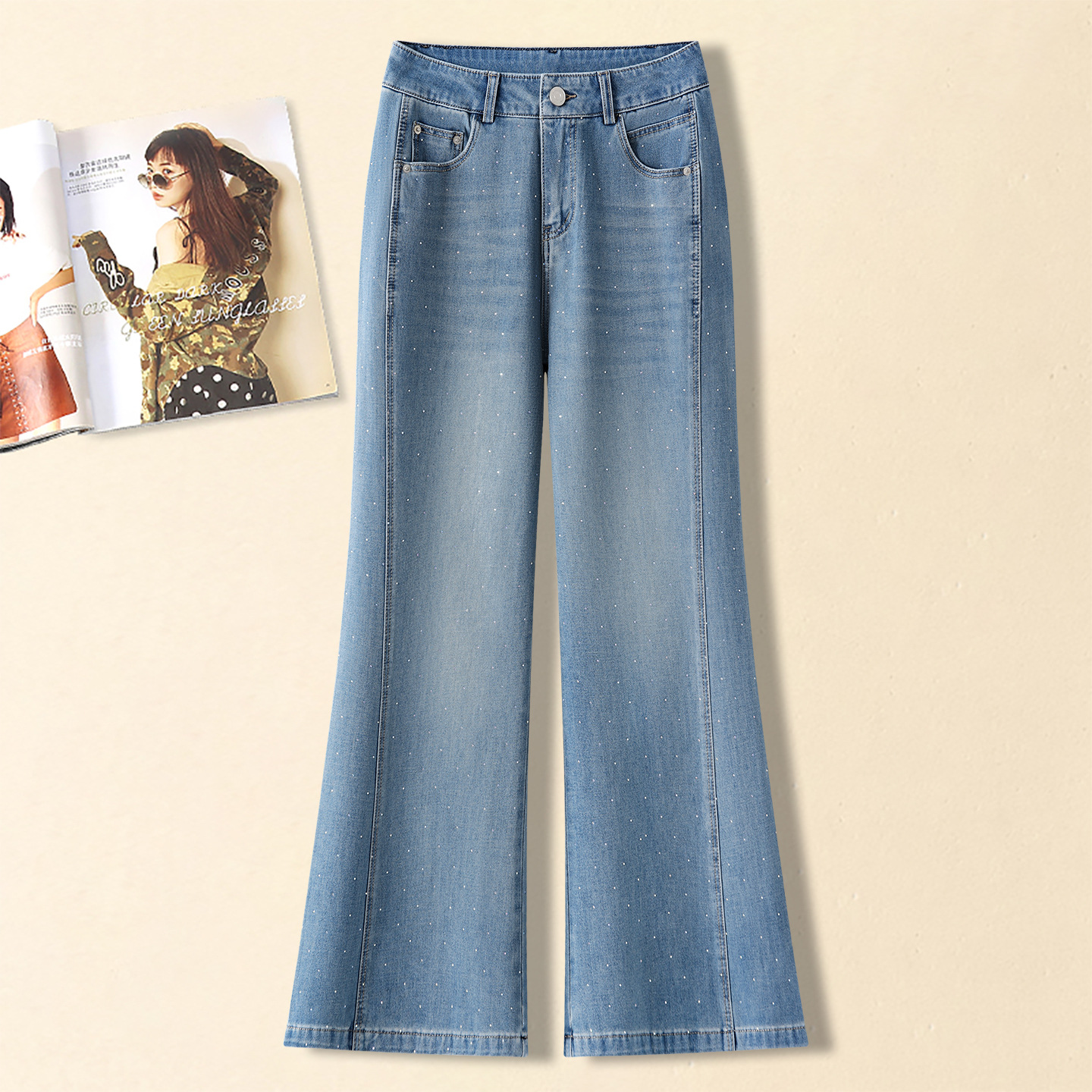Thin Rhinestone Narrow Wide-Leg Jeans for Women, 2026 Summer New High-Waisted Slimming Straight-Leg Versatile Casual Pants