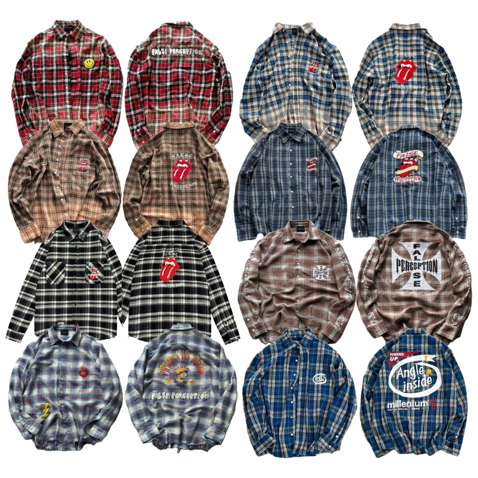 FAece American Fading Water Washed Embroidered Plaid Destruction Loose Long Sleeve Shirt Men's and Women's Trendy