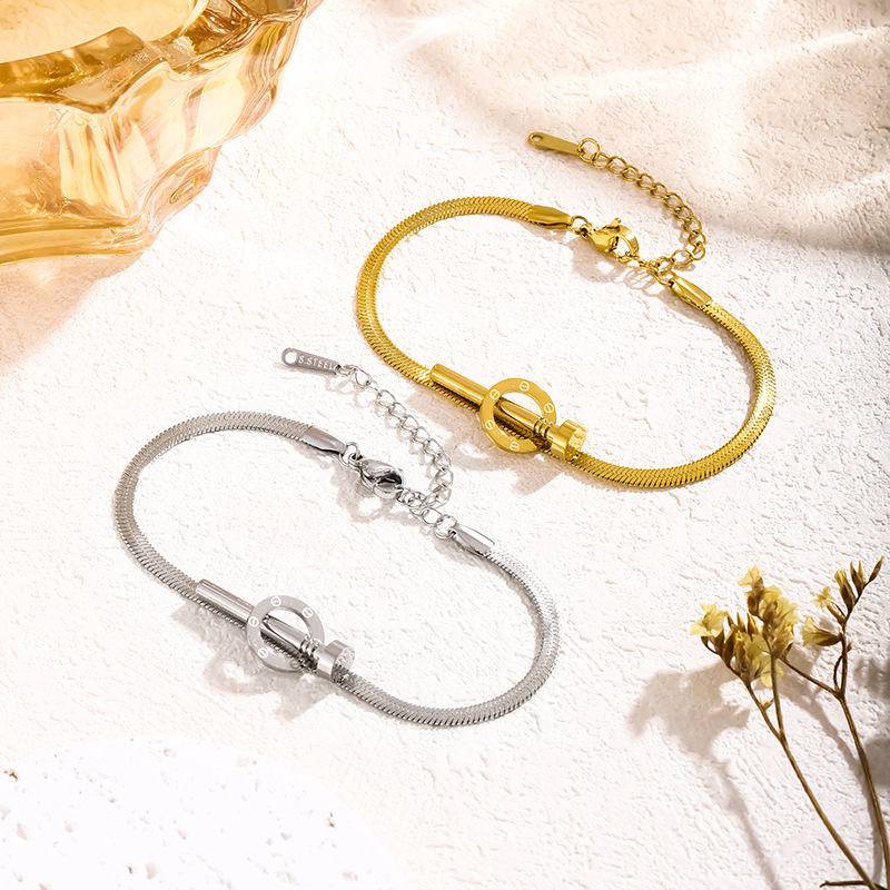 Cross-border Explosive Titanium Steel Nail Bracelet Light Luxury Simple Bracelet Women's 18K Golden Titanium Steel Snake Bone Chain Bracelet for Women