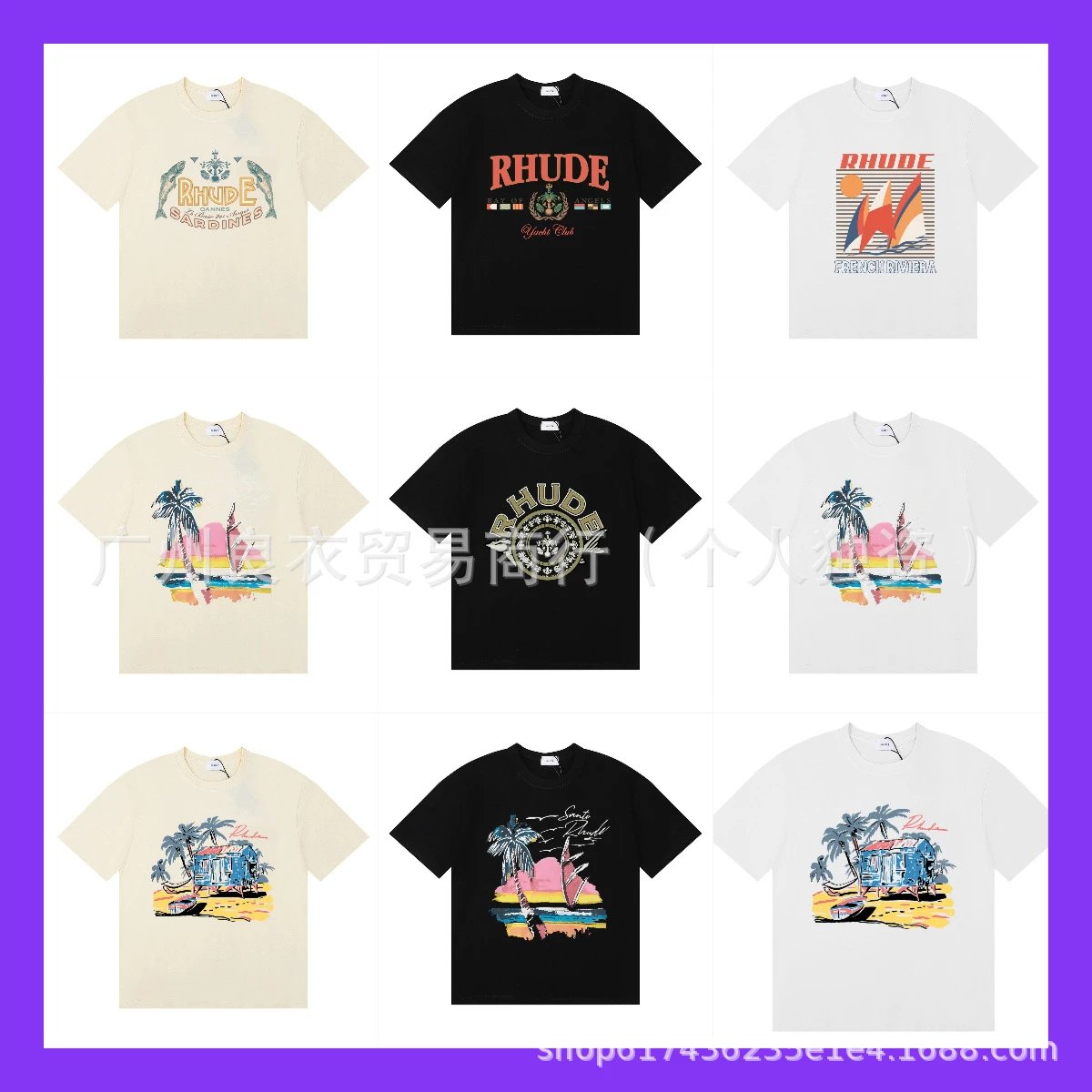 RHUDE欧美帆船日落沙丁鱼椰树字母短袖t恤男女高街半袖