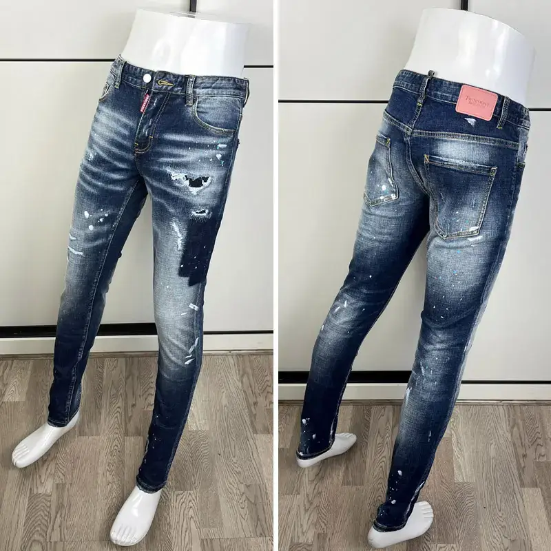 25 New Four Seasons Denim Male D2 Stretch silm pants DSQ2 European Station Youth Deep Blue Water Washing Paint Contrast Color