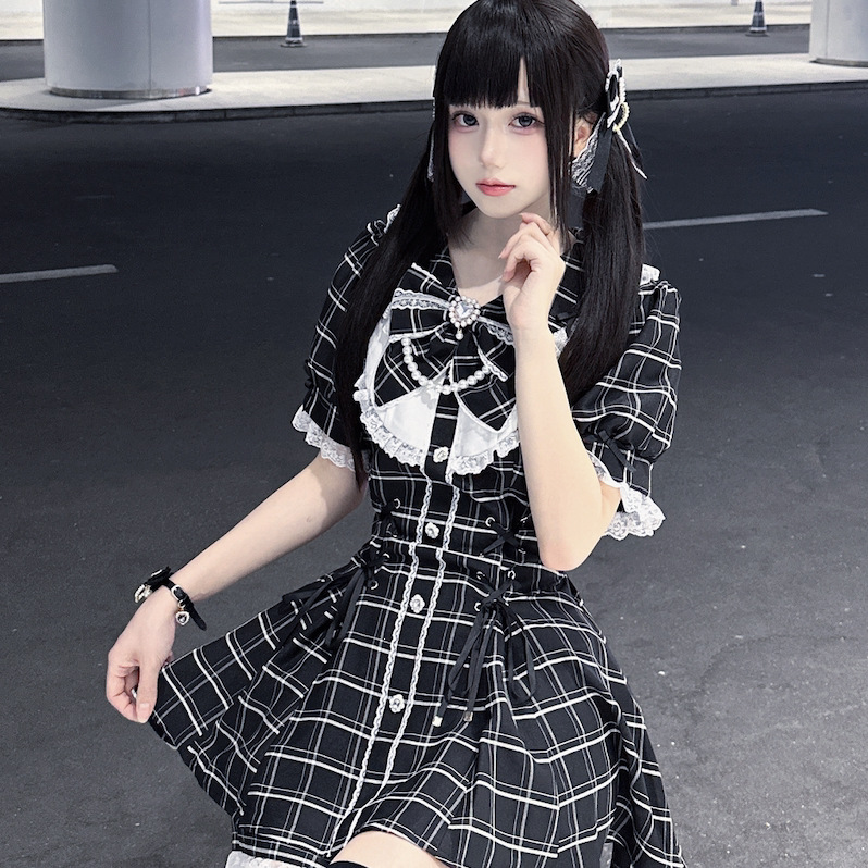 College-Style Retro Gray Plaid Shirt Dress for Women, Summer Sweet Little Girl's Bow Lace Waist-Cinching Short Dress