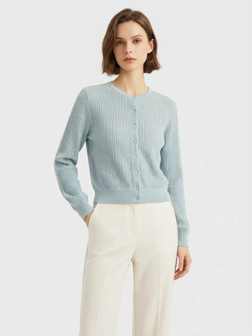 Msac Same Style Light Luxury Tencel Silk Hollow Knit Cardigan for Women, New Spring Round Neck Short French-Style Top