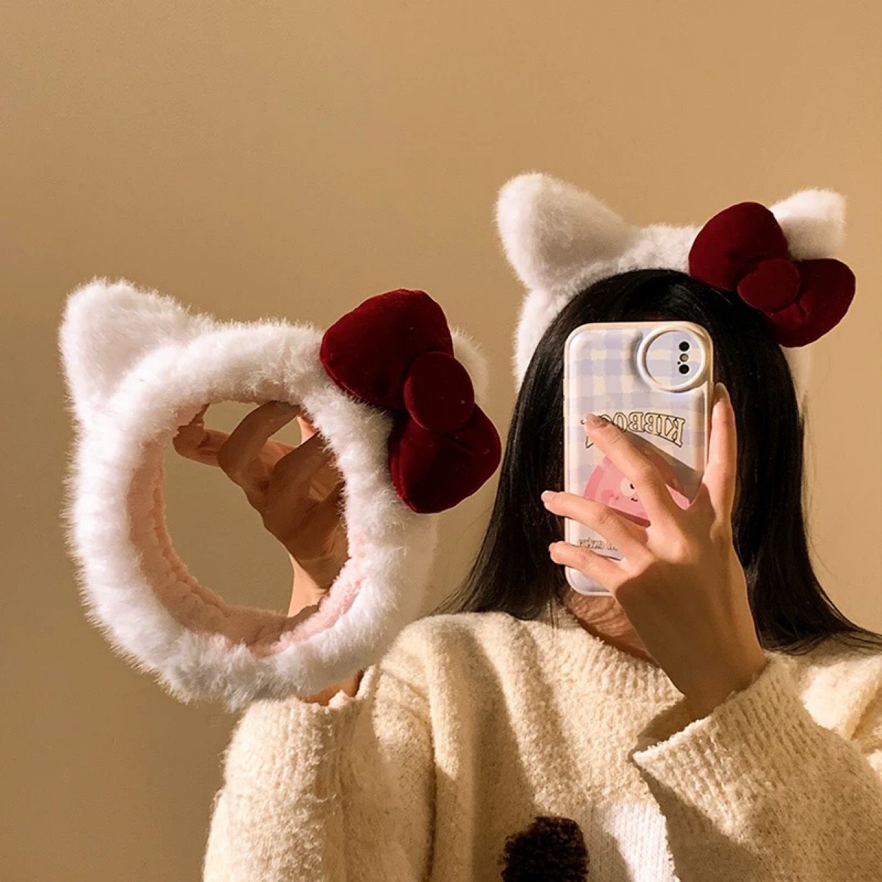 Cute Bow Cat Ears White Plush Headband for Women to Wash Face, Apply Makeup and Apply Facial Mask, Hairpin Headband, Autumn and Winter