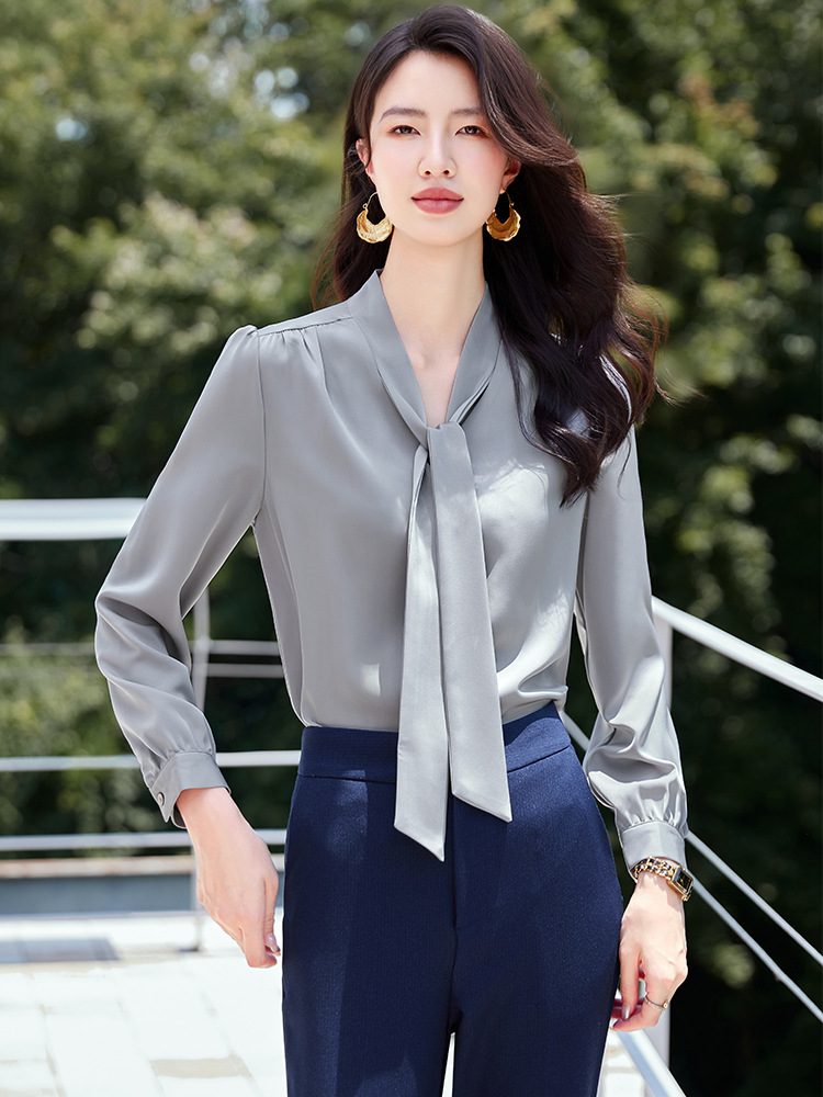 Chiffon Shirt Women's Long-sleeved Bow Floating Led Pleated Slim Look All-match Professional Top Design Niche Shirt