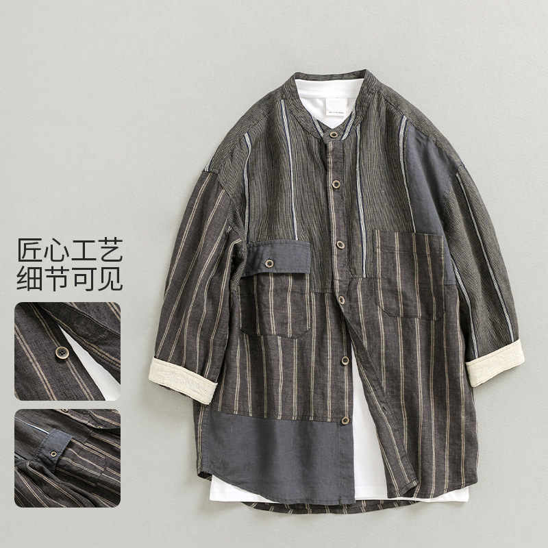 Summer New Japanese Retro Stitching Contrast Color Men's Shirt Fashionable Loose Casual Short-sleeved Top Factory 3225