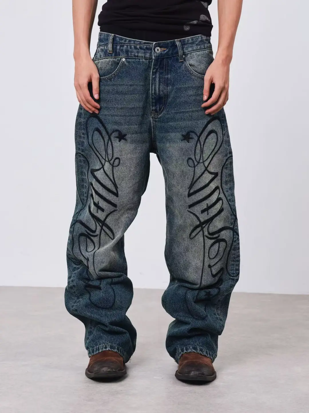 Detw 25Aw*Baggy Embroidered Printed Vintage Washed Loose Straight Stacked Visual High-End Blue Jeans