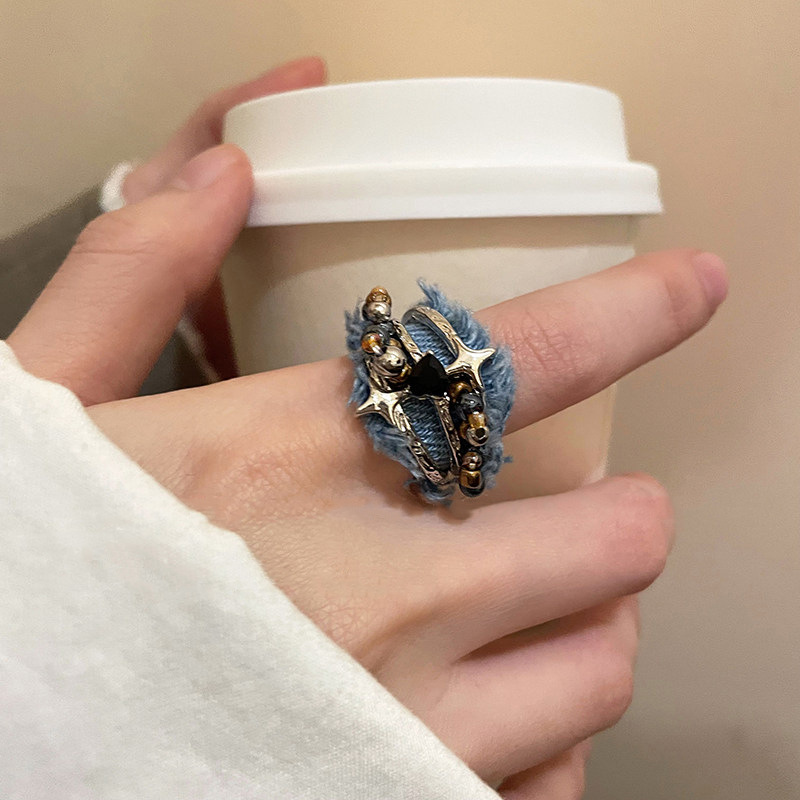 Blue Denim Star Ring for Women, Niche Design, High-End Feel, Exaggerated and Unique Accessory, Index Finger Ring