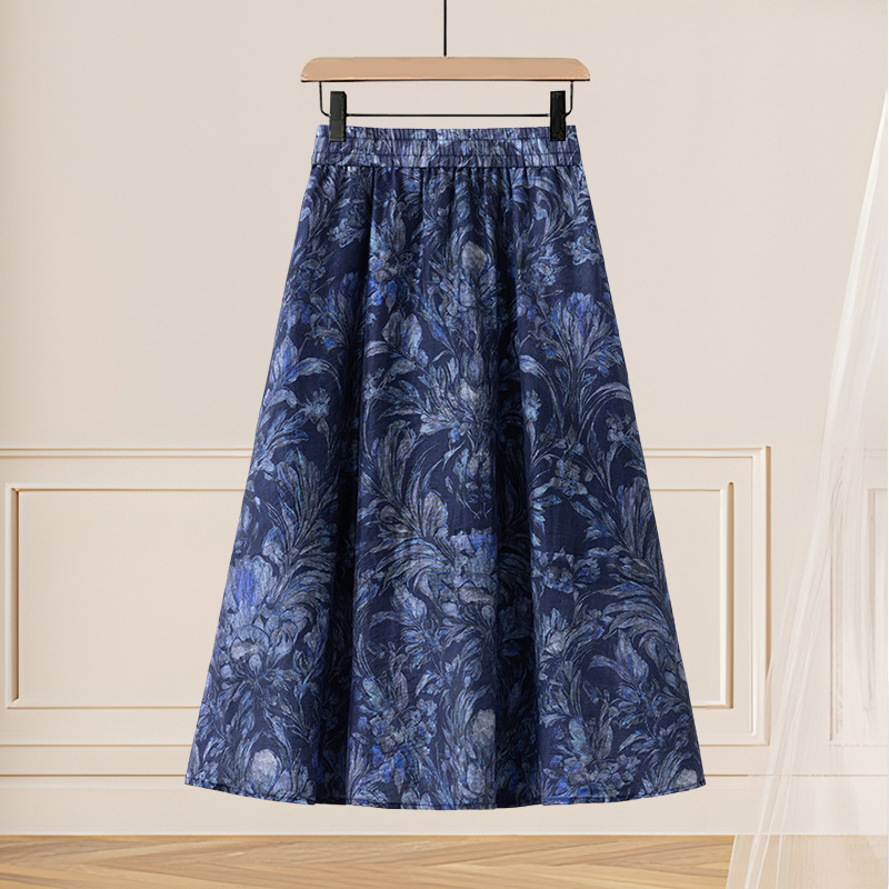 Linen Printed Floral Skirt, Women's 2026 Summer New Style Elegant Skirt, Slimming A-Line Puffy Umbrella Skirt