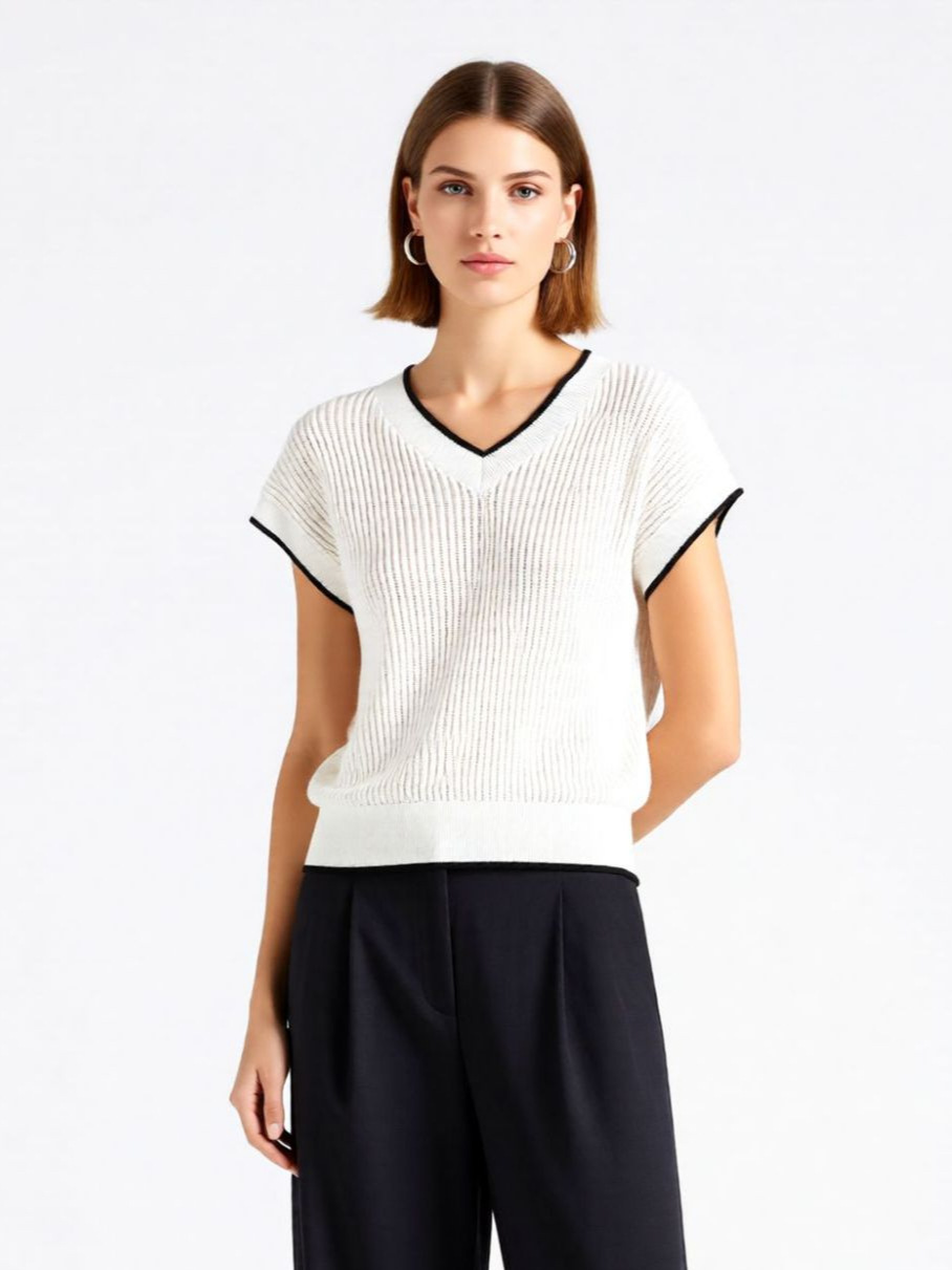 Bc Counter Same Style 100% Cotton Mesh Cut Out Knitwear Women's Summer Thin Contrast Color V-Neck Loose Slimming Look Short-Sleeved T-Shirt