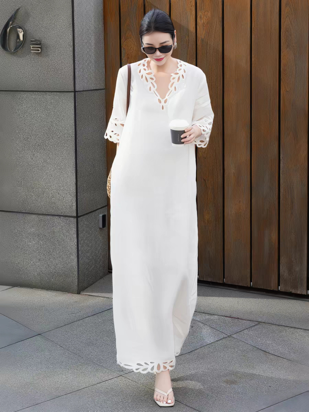 French Cut Out V-Neck Linen Dress for Women, New Summer Style Elegant Long Dress, Holiday Style Loose White Long Dress