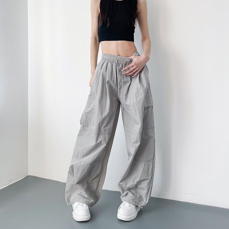 American-Style Workwear Wide-Leg Pants for Women, Summer Plus-Size, Ice Silk Thin Quick-Dry Parachute American-Style Sports Straight-Leg Pants