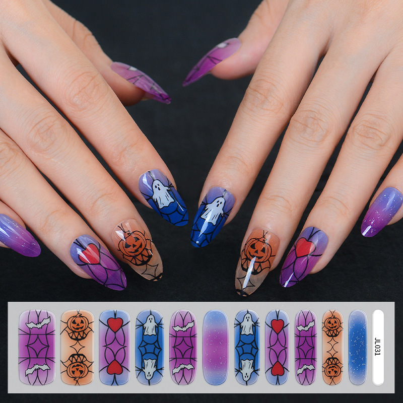 European and American Cross-Border Halloween Gel Nail Patches Ghost Pumpkin Head Skull Bat Oval Uv Nail Patches