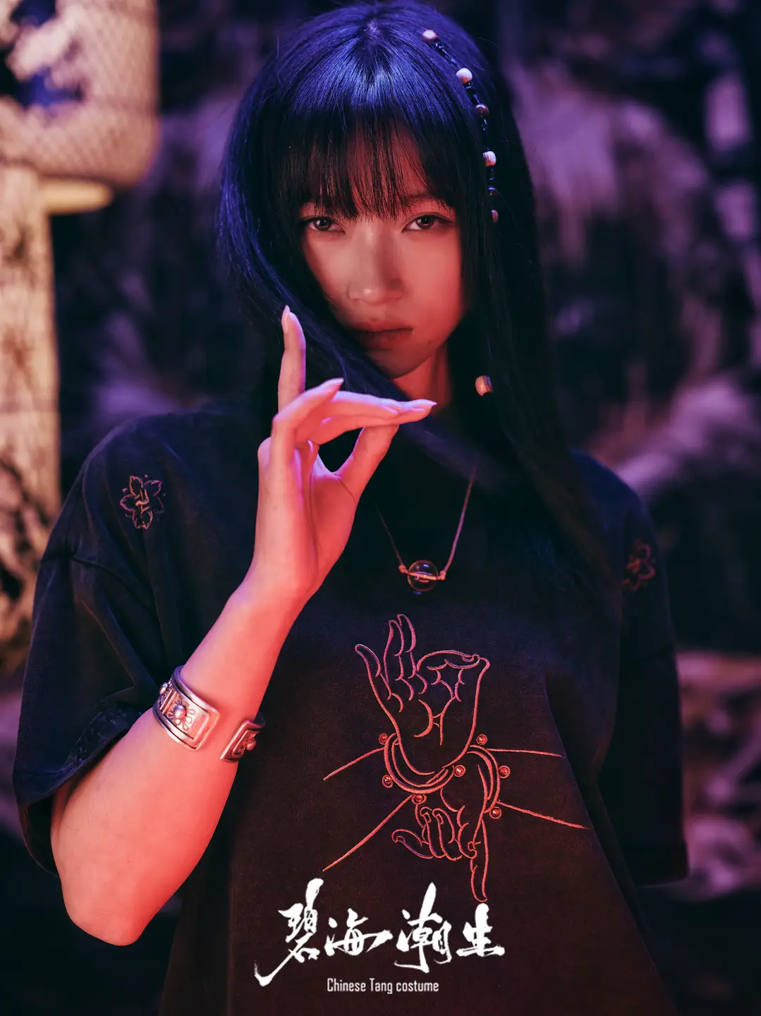 Bihai Chaosheng <Dunhuang/French> Spring and Summer New arrival Chinese Style National Trend pure cotton Embroidered Washed Black Short Sleeve T-Shirt