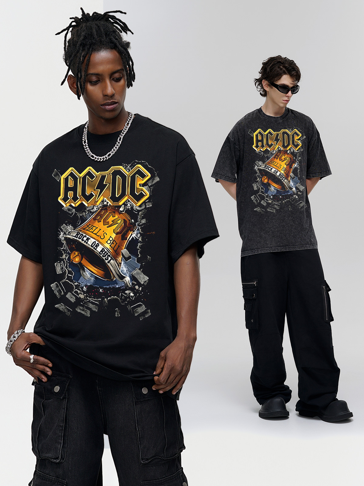 ACDC Bell Rock Band vintage BOOTLEG American-style Washed Dressed Short-sleeved T-shirt Loose Heavy Trendy