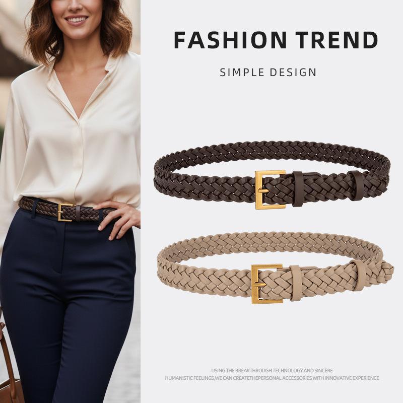 Vintage Woven Belt for Women, Pu Leather Texture, Pin Buckle Belt, Versatile Casual Belt for Jeans and Dresses
