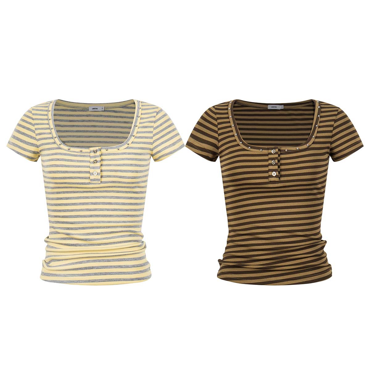 Unbdns Retro Striped Slim-Fit Short-Sleeve U-Neck T-Shirt for Women, Summer Tight-Fitting Spicy Girl Inner Wear, Regular Shoulder Half-Open Collar Top