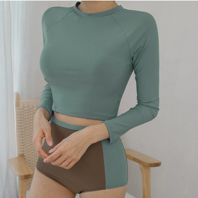 South Korea 2019 new hot spring contrast color diving suit long sleeve sun protection conservative high waist belly cover slimming split swimsuit for women