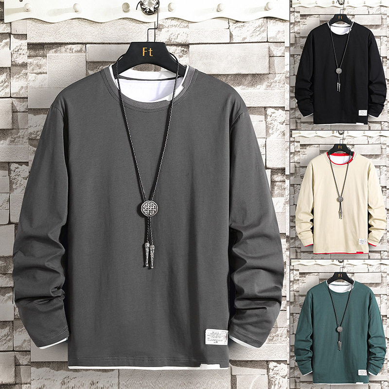 Pure Cotton Long-Sleeve T-Shirt for Men, Spring and Autumn Thin Style, Loose Fit, Faux Two-Piece Casual Round-Neck Solid Color Sweatshirt, Trendy T-Shirt for Cross-Border Trade