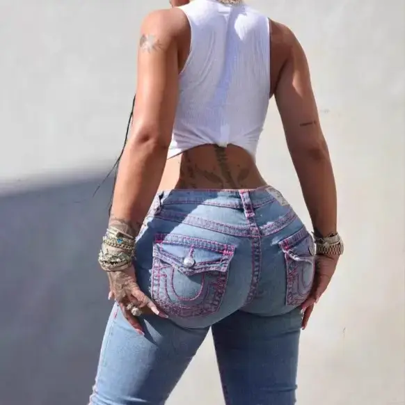 European and American Cross-Border Women's Clothing True Religion Retro Fashion Embroidered Street Casual High-Waisted Tight Jeans