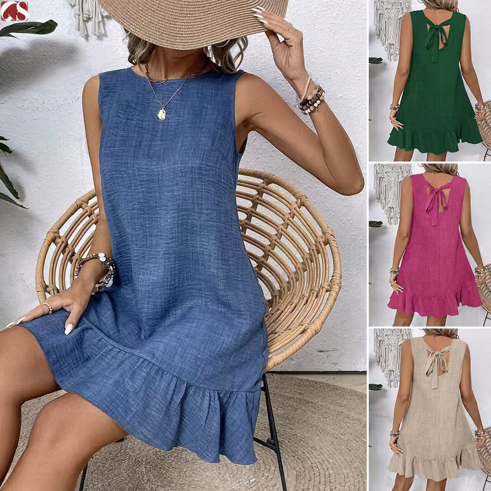 2026 Spring/Summer European and American Cross-Border Temu New Hot-Selling Lace-Up Tank Dress with Ruffles, Sleeveless Casual Dress for Women