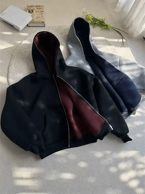 640g air layer double-sided hooded sweatshirt men's autumn outfit American heavyweight short silhouette cardigan jacket
