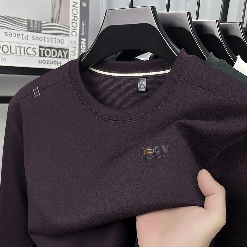 High-Quality Long-Sleeve T-Shirt with Mulberry Silk and Wool Fleece, Round Neck, for Middle-Aged Men, Pullover Sweatshirt