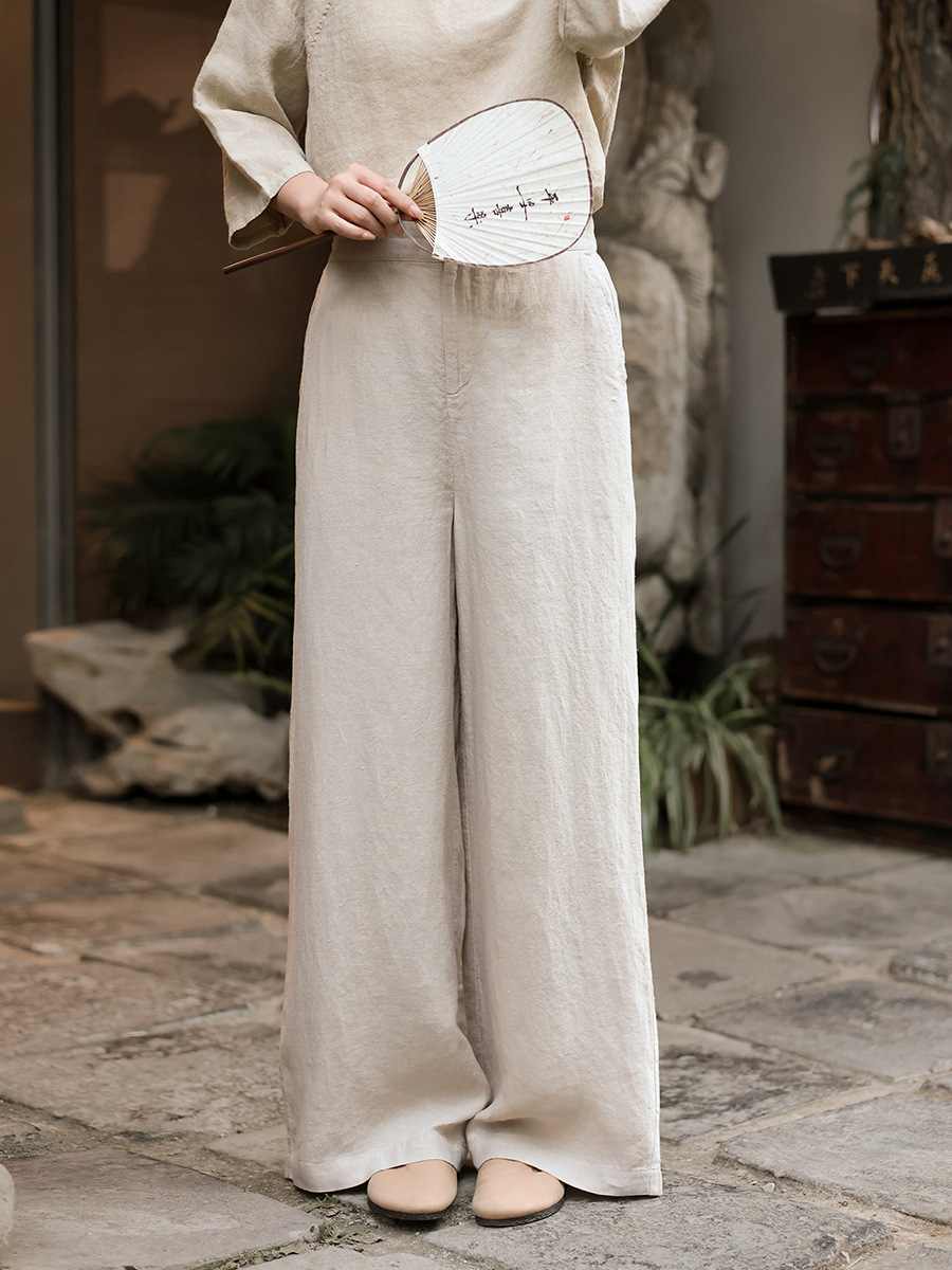 Deer & an Di Summer New Women's Hemp Wide-Leg Pants, Slimming Straight-Leg Washed New Chinese Style Casual Pants