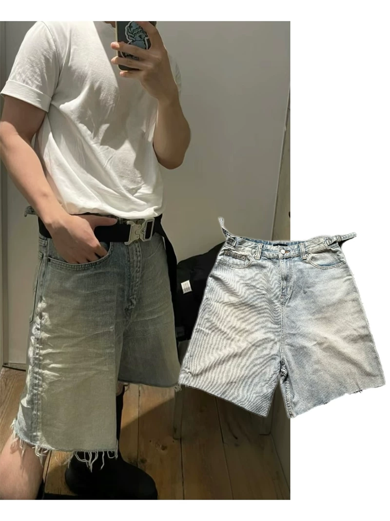 Paris 23Wf Trendyy Summer Loose Wide-Leg Skater Distressed Washed Raw Edge Denim Shorts Trendyy Brand Men's Mid-Pants