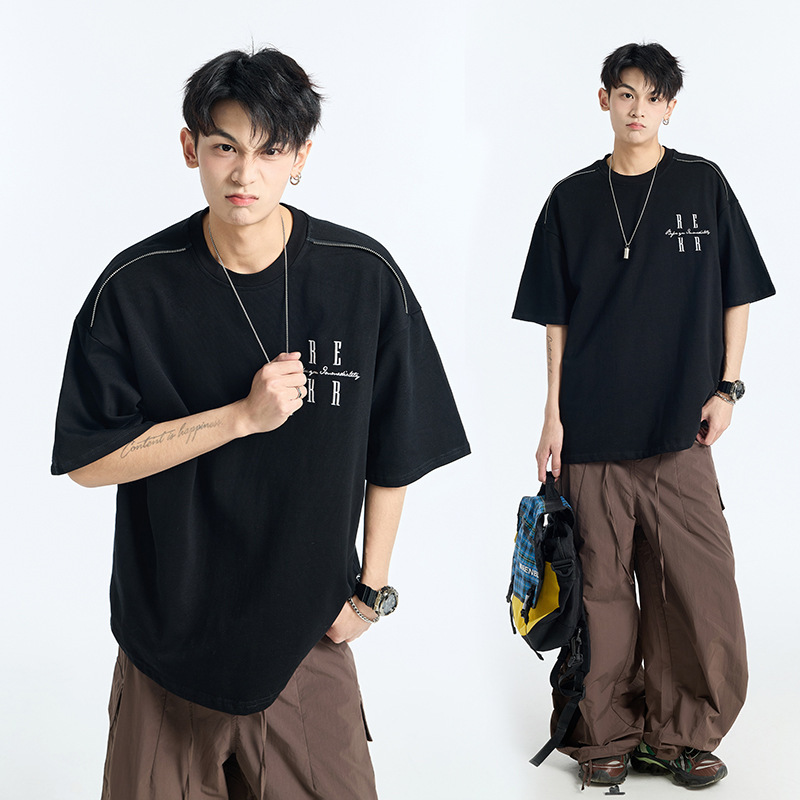 320g Heavy Zipper Short-Sleeved Men's 2025 Summer New Design Versatile Cotton T-Shirt American Casual Loose