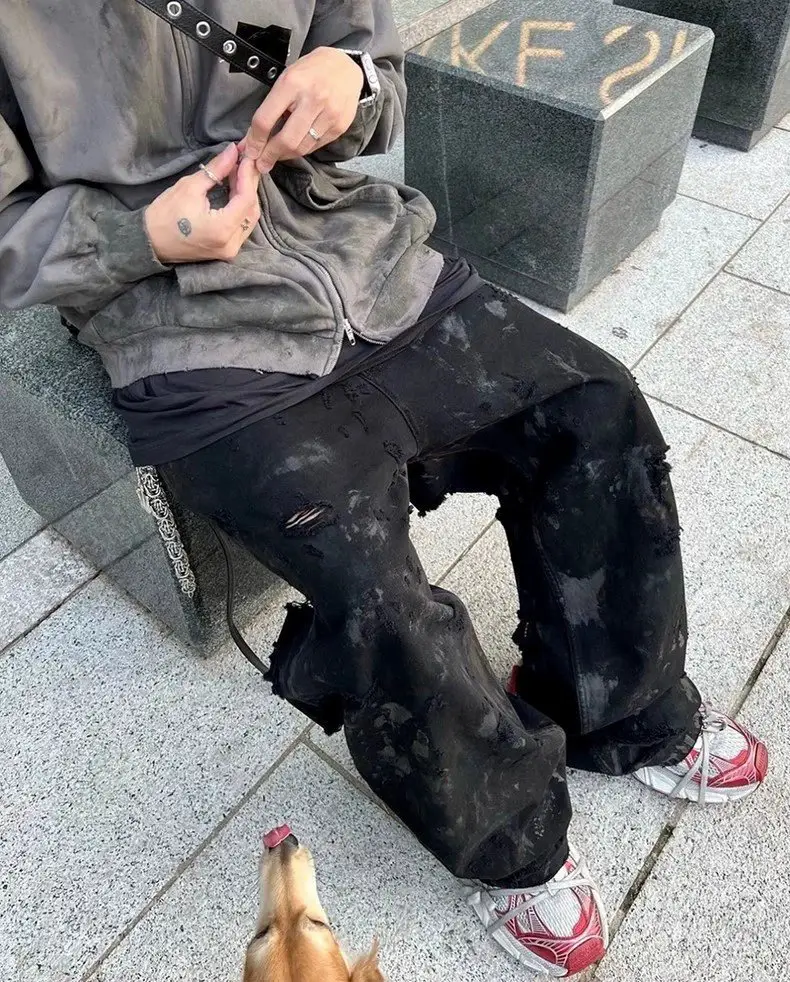 三折清仓! Ba23SS白泥糜烂泥染做旧泼墨大刀割Baggy秀款牛仔裤 远低于成本价