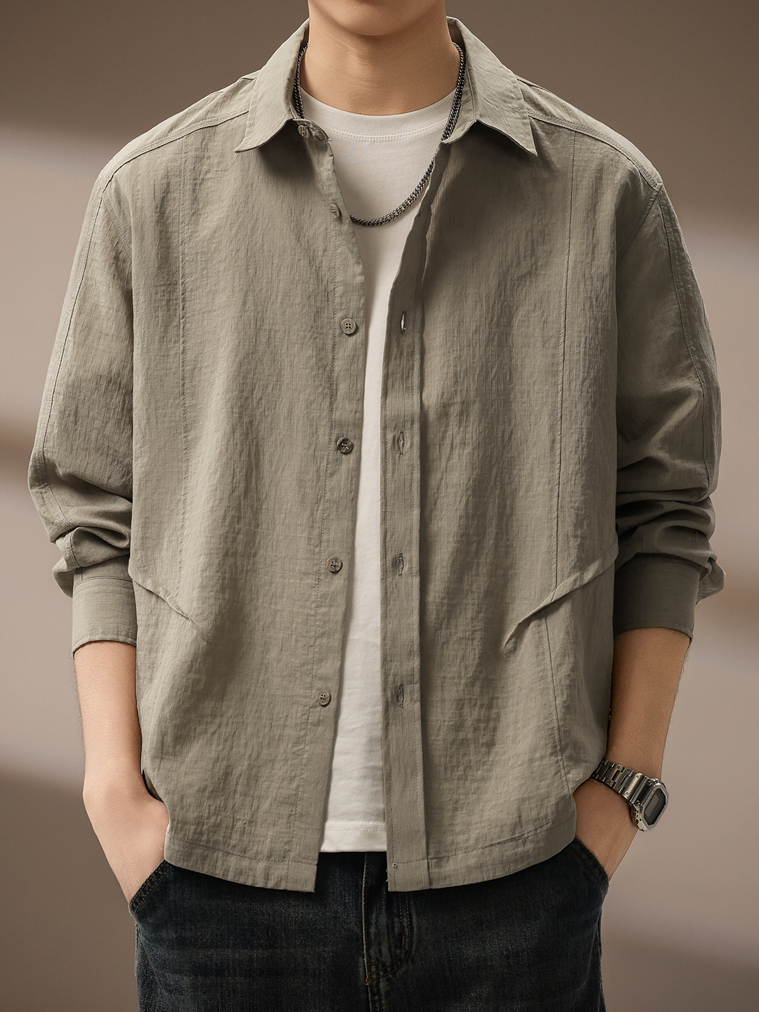 Simple Linen Old Money Style Breathable Long-Sleeve Shirt for Men, 2026 Spring New Style, Turn-Down Collar, Loose Fit Shirt Jacket