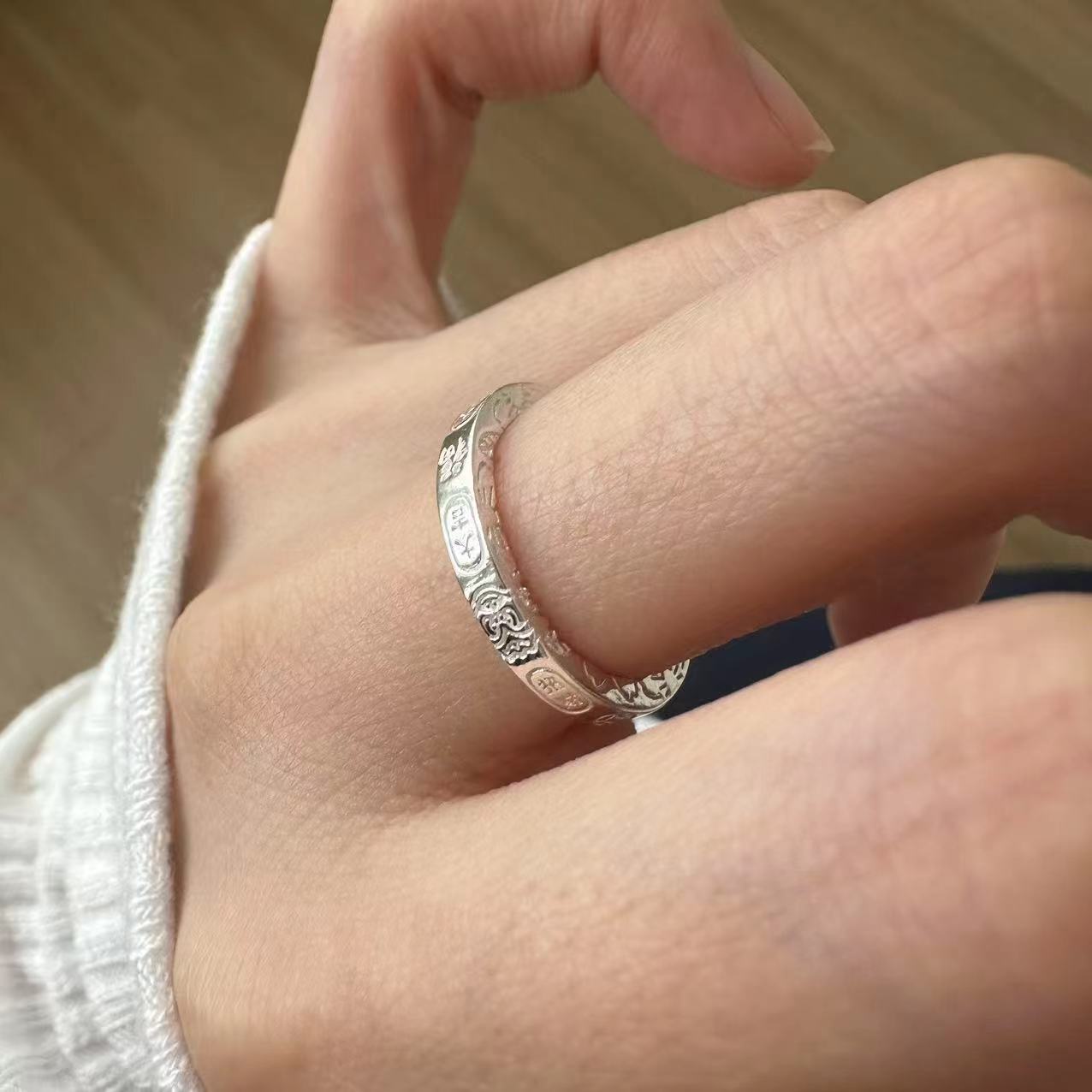 999 Pure Silver Fortune-Attracting and Blessing Ring for Women, Simple New Chinese Style National Trend Design Open Ring 0119B