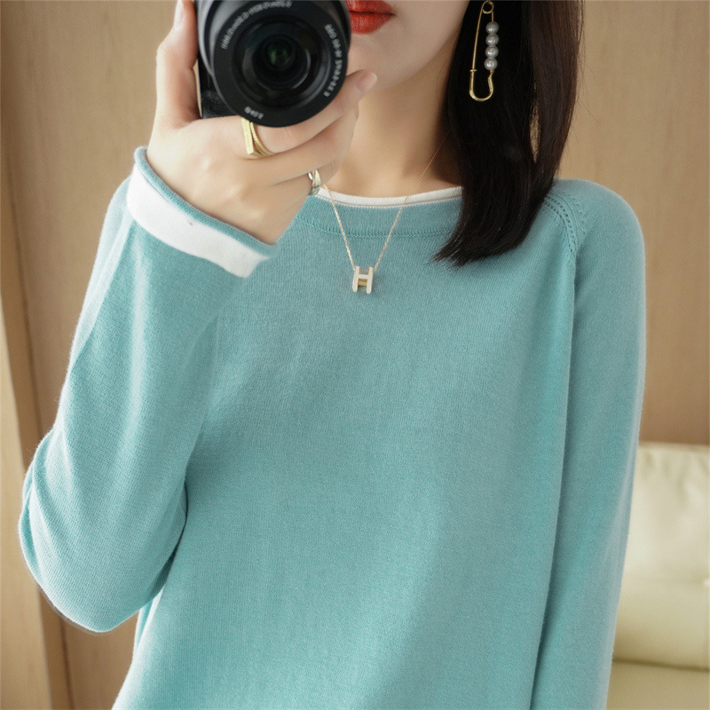Unique Design Pure Cotton Hollow-Out Raglan Sleeve Long-Sleeve Top with Textured Color-Blocking Design for Women in Spring and Autumn