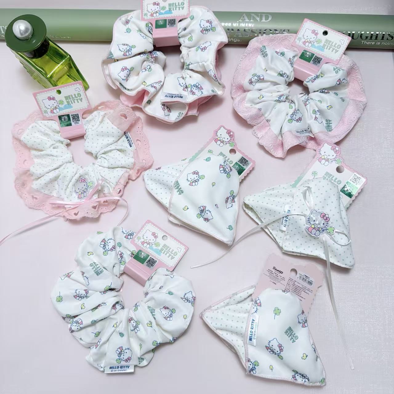 Officially Licensed Hello Kitty Fresh and Sweet Style Four-Leaf Clover Cute Hair Tie and Clip