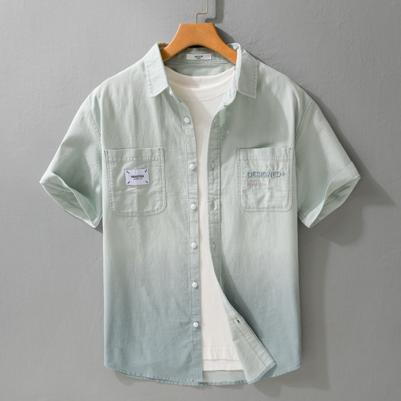 Summer Men's Gradient Color Short-Sleeved Shirt, Trendy and Fashionable Youth Color-Blocked Pure Cotton Loose Casual Men's Shirt 393