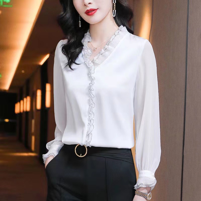 Chiffon Long Sleeve Early Autumn White Shirt Top Women's New 2023 Fashion Stylish Spring and Autumn Collar Base Shirt