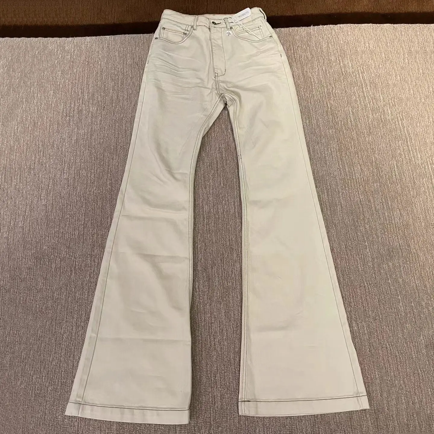 American Vibe High-Street High-Stretch Floor-Length Off-White Brushed Flared Jeans Trendy Slimming Wide-Leg Pants for Men