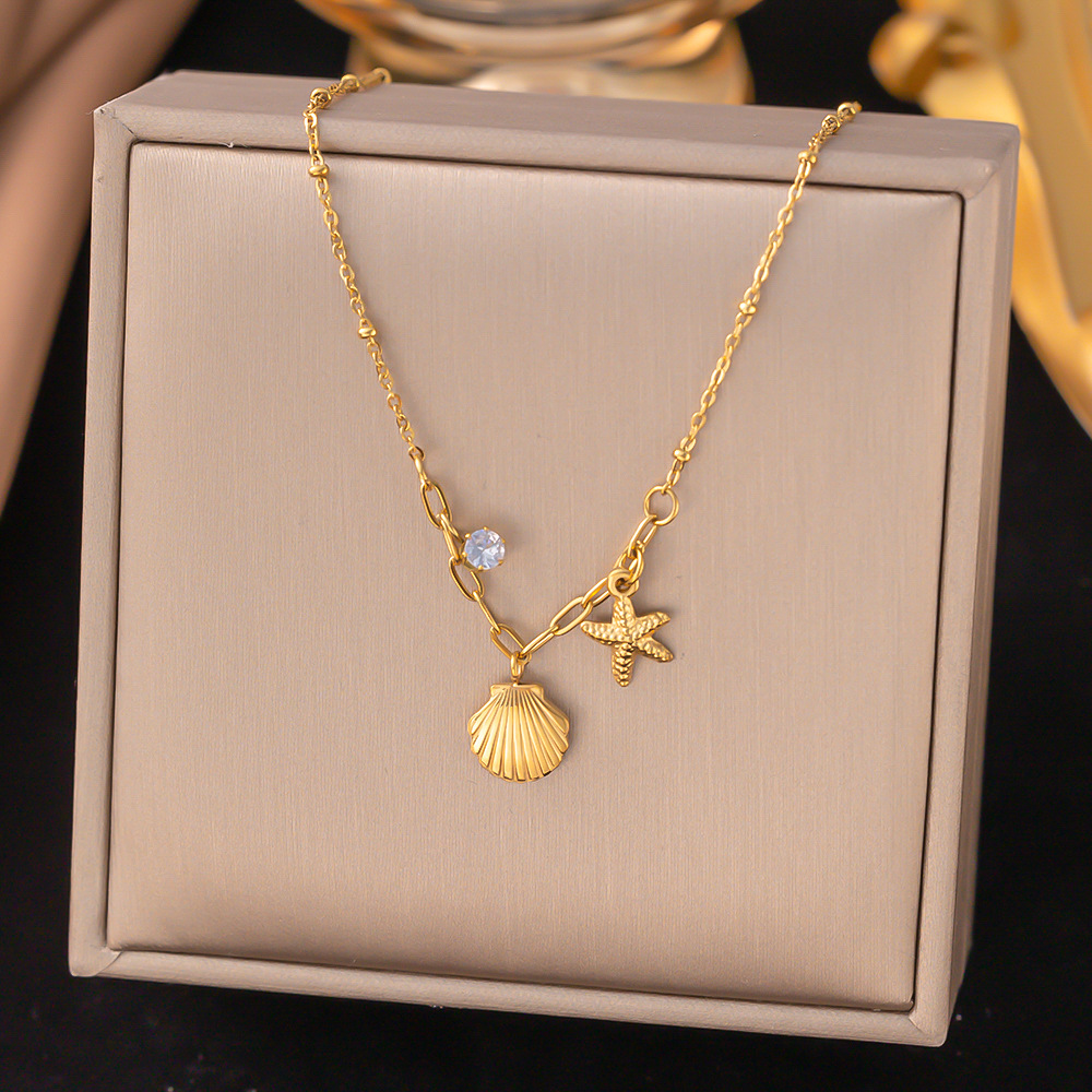 Niche Accessible Luxury High-End Golden Shell Starfish Rhinestone Necklace Women's Clavicle Chain Necklace Non-Fading Short Gift